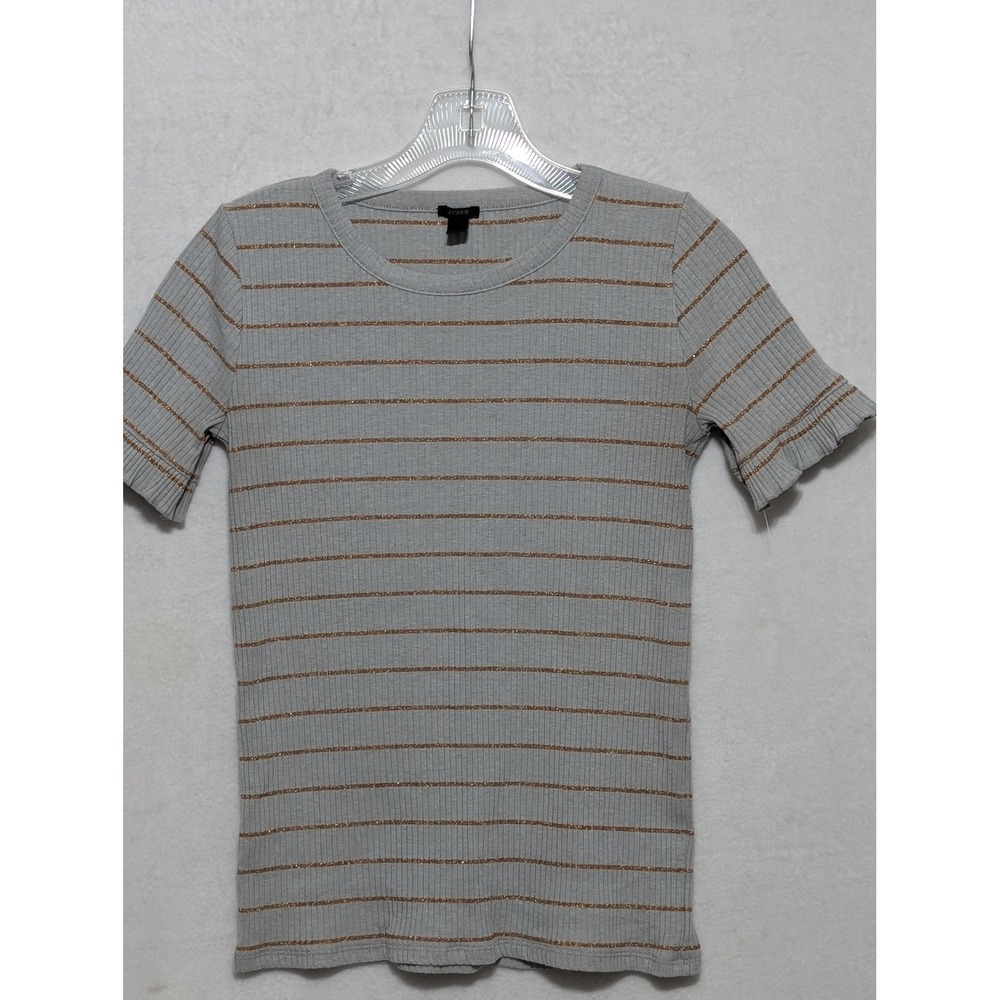 J. Crew Womens XS Grey Metallic Copper Striped Ribbed Ruffle Lettuce Edge Top
